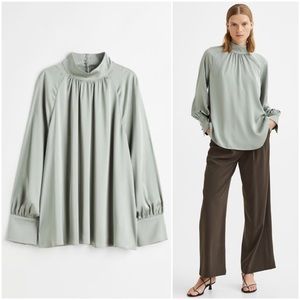 Sage Green Balloon-Sleeved Satin Blouse
